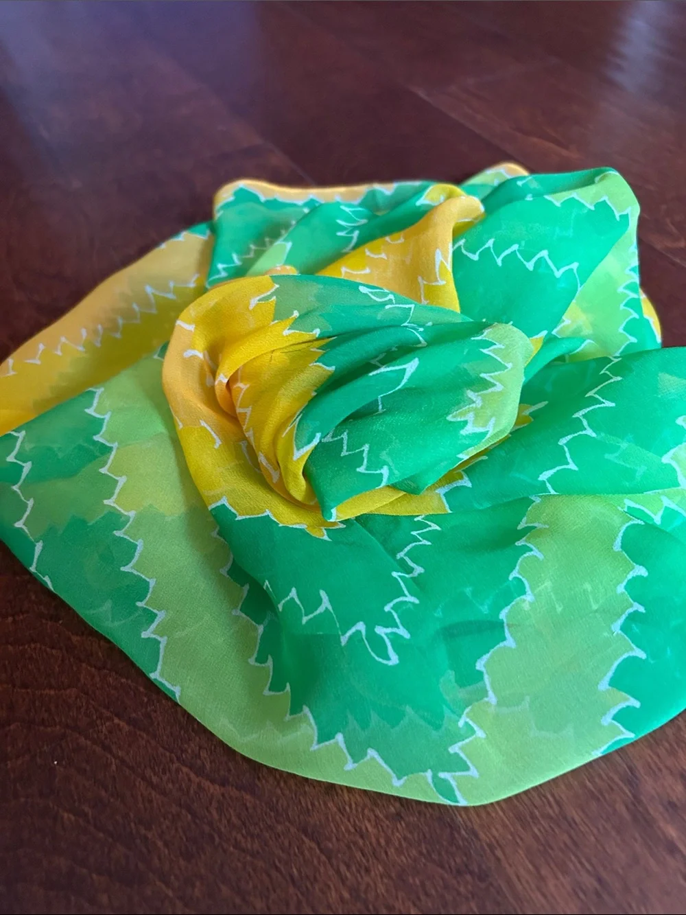 Vintage Silky Lightweight Green and Yellow Geometric Scarf